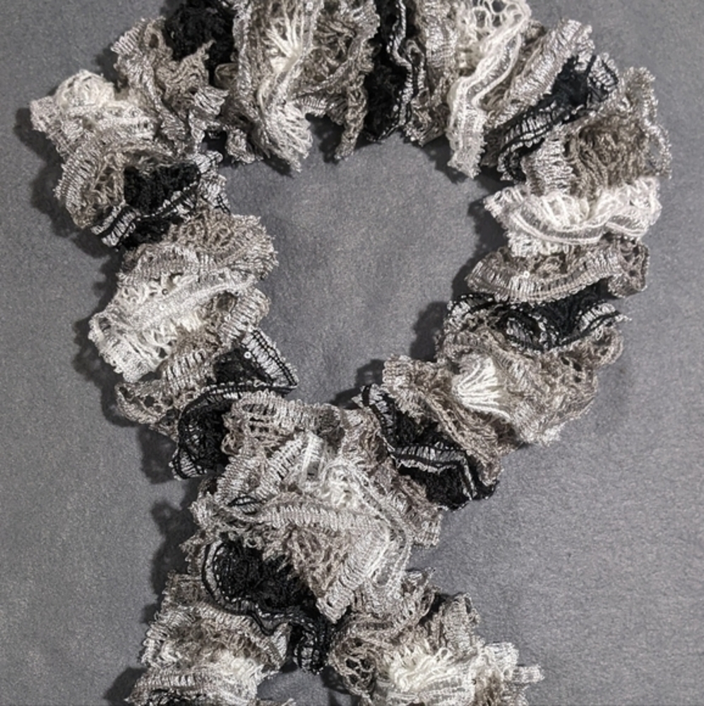 Handmade‎ knitted ruffled black white gray scarf